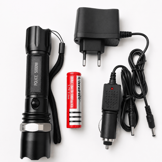 Тактически LED фенер POLICE 5000W Black Airsoft комплект със зарядно за кола
