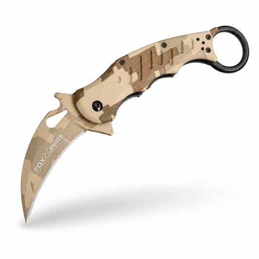Karambit Fox Knives N690Co Desert Camo összecsukható kés, 19,5 cm