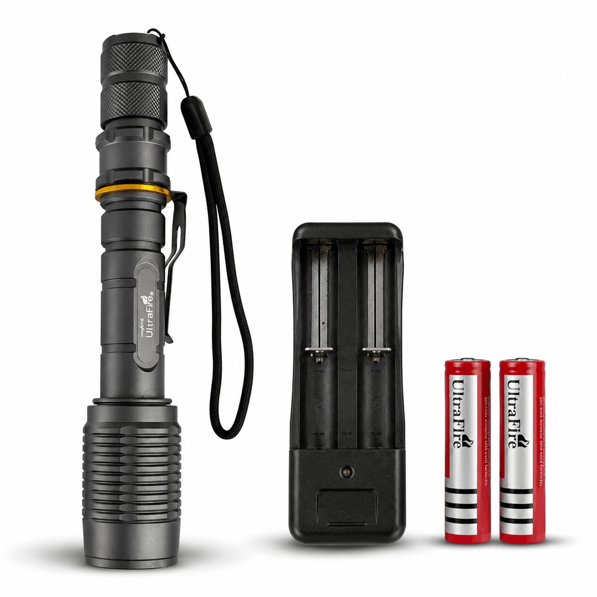 Lampe torche LED UltraFire – kit avec 2 batteries et chargeur
